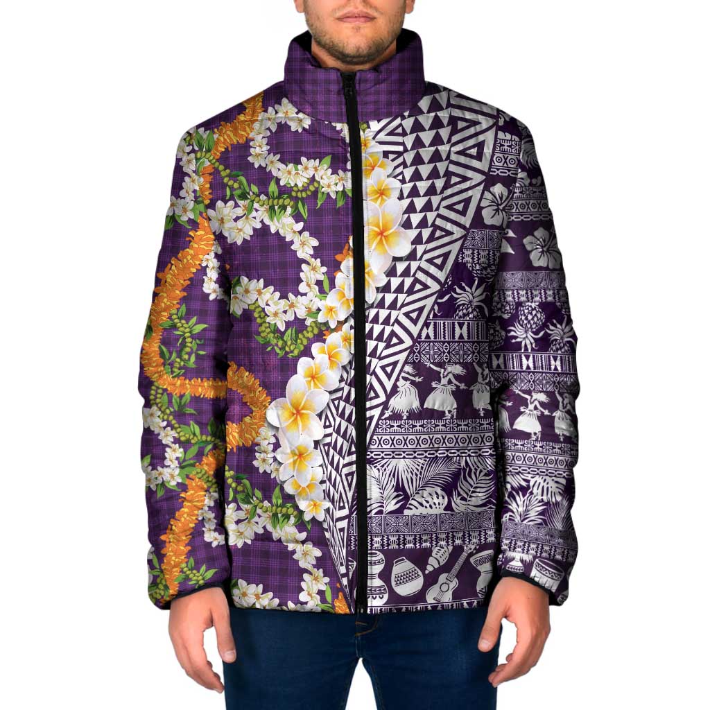Hawaiian Plumeria Lei Padded Jacket Kakau Motifs and Palaka Half Style Purple Color LT03 Men Purple - Polynesian Pride