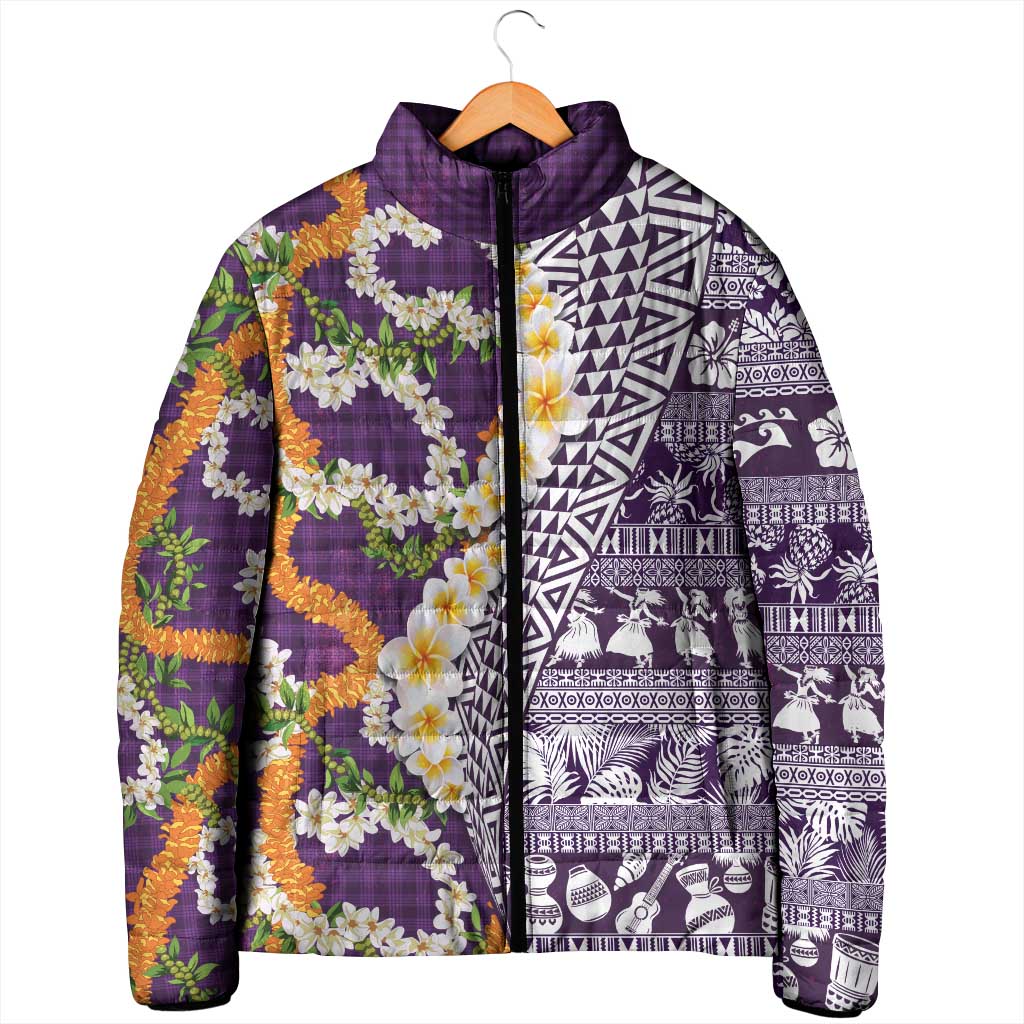 Hawaiian Plumeria Lei Padded Jacket Kakau Motifs and Palaka Half Style Purple Color LT03 - Polynesian Pride