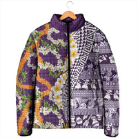 Hawaiian Plumeria Lei Padded Jacket Kakau Motifs and Palaka Half Style Purple Color LT03 - Polynesian Pride