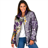 Hawaiian Plumeria Lei Padded Jacket Kakau Motifs and Palaka Half Style Purple Color LT03 Women Purple - Polynesian Pride