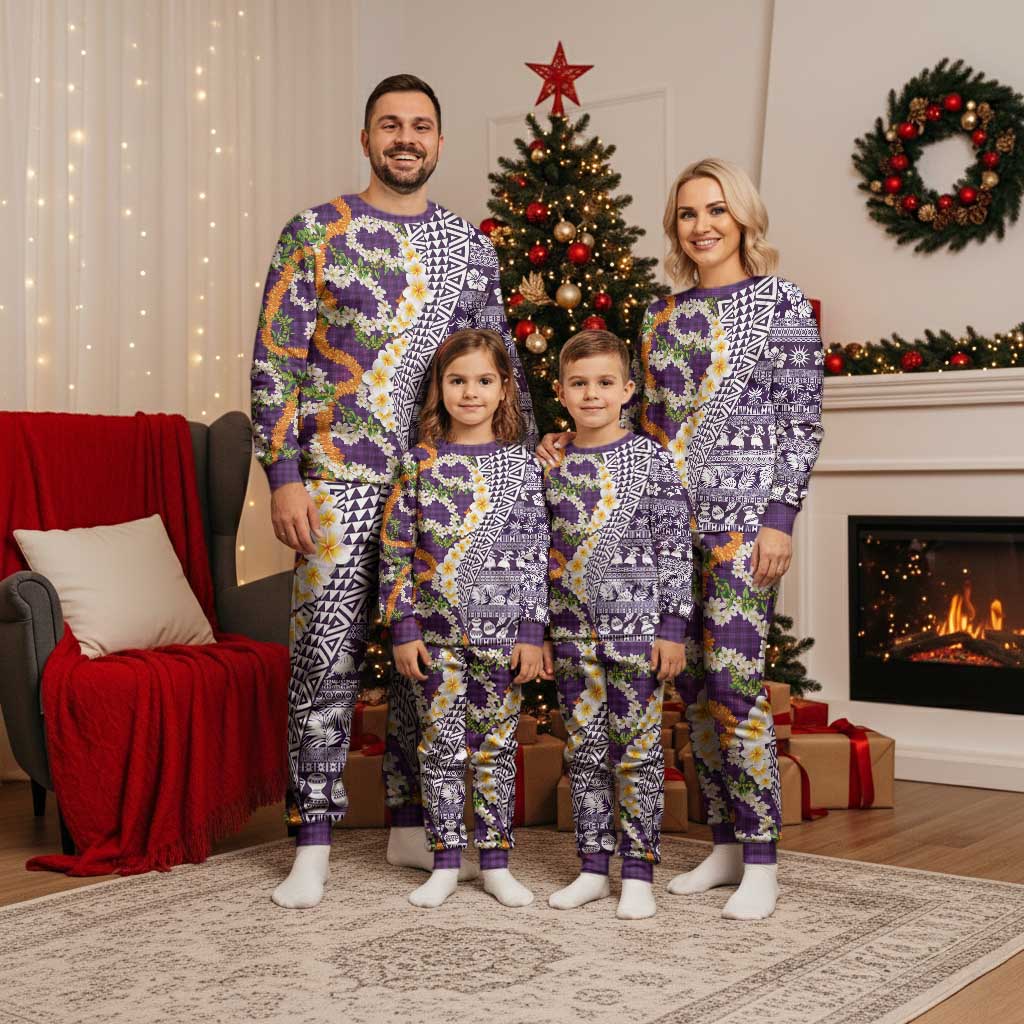 Hawaiian Plumeria Lei Christmas Pajama Set Kakau Motifs and Palaka Half Style Purple Color - Polynesian Pride