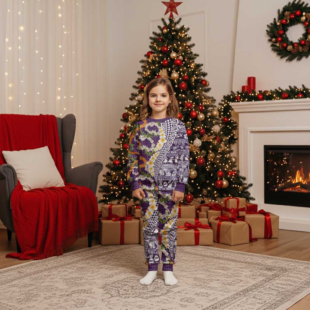 Hawaiian Plumeria Lei Christmas Pajama Set Kakau Motifs and Palaka Half Style Purple Color - Polynesian Pride