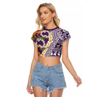 Hawaiian Plumeria Lei Raglan Cropped T Shirt Kakau Motifs and Palaka Half Style Purple Color - Polynesian Pride