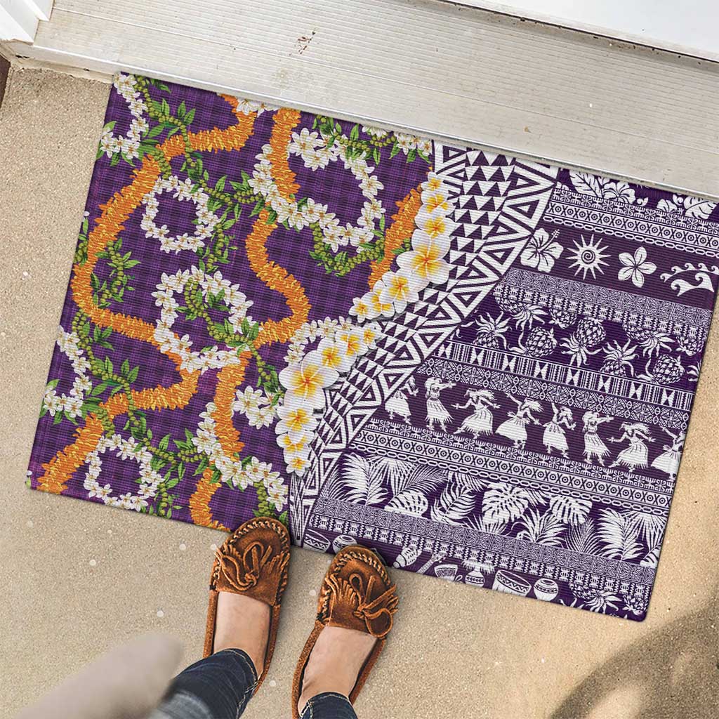 Hawaiian Plumeria Lei Rubber Doormat Kakau Motifs and Palaka Half Style Purple Color - Polynesian Pride