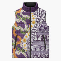 Hawaiian Plumeria Lei Sleeveless Puffer Jacket Kakau Motifs and Palaka Half Style Purple Color LT03 Unisex Purple - Polynesian Pride
