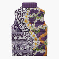 Hawaiian Plumeria Lei Sleeveless Puffer Jacket Kakau Motifs and Palaka Half Style Purple Color LT03 - Polynesian Pride