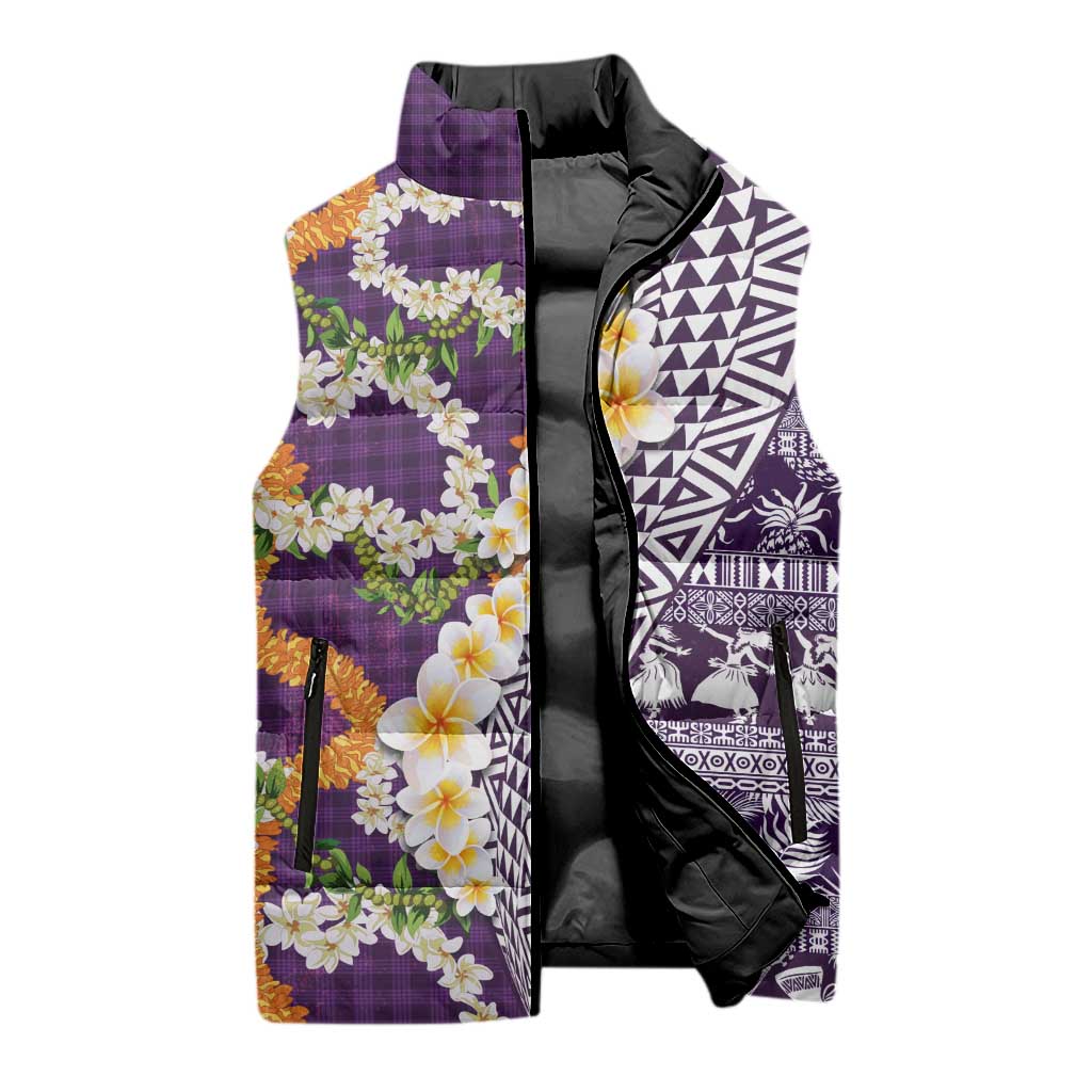 Hawaiian Plumeria Lei Sleeveless Puffer Jacket Kakau Motifs and Palaka Half Style Purple Color LT03 - Polynesian Pride