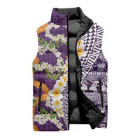 Hawaiian Plumeria Lei Sleeveless Puffer Jacket Kakau Motifs and Palaka Half Style Purple Color LT03 - Polynesian Pride