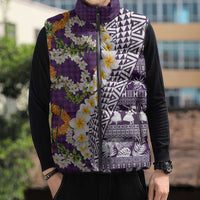 Hawaiian Plumeria Lei Sleeveless Puffer Jacket Kakau Motifs and Palaka Half Style Purple Color LT03 - Polynesian Pride