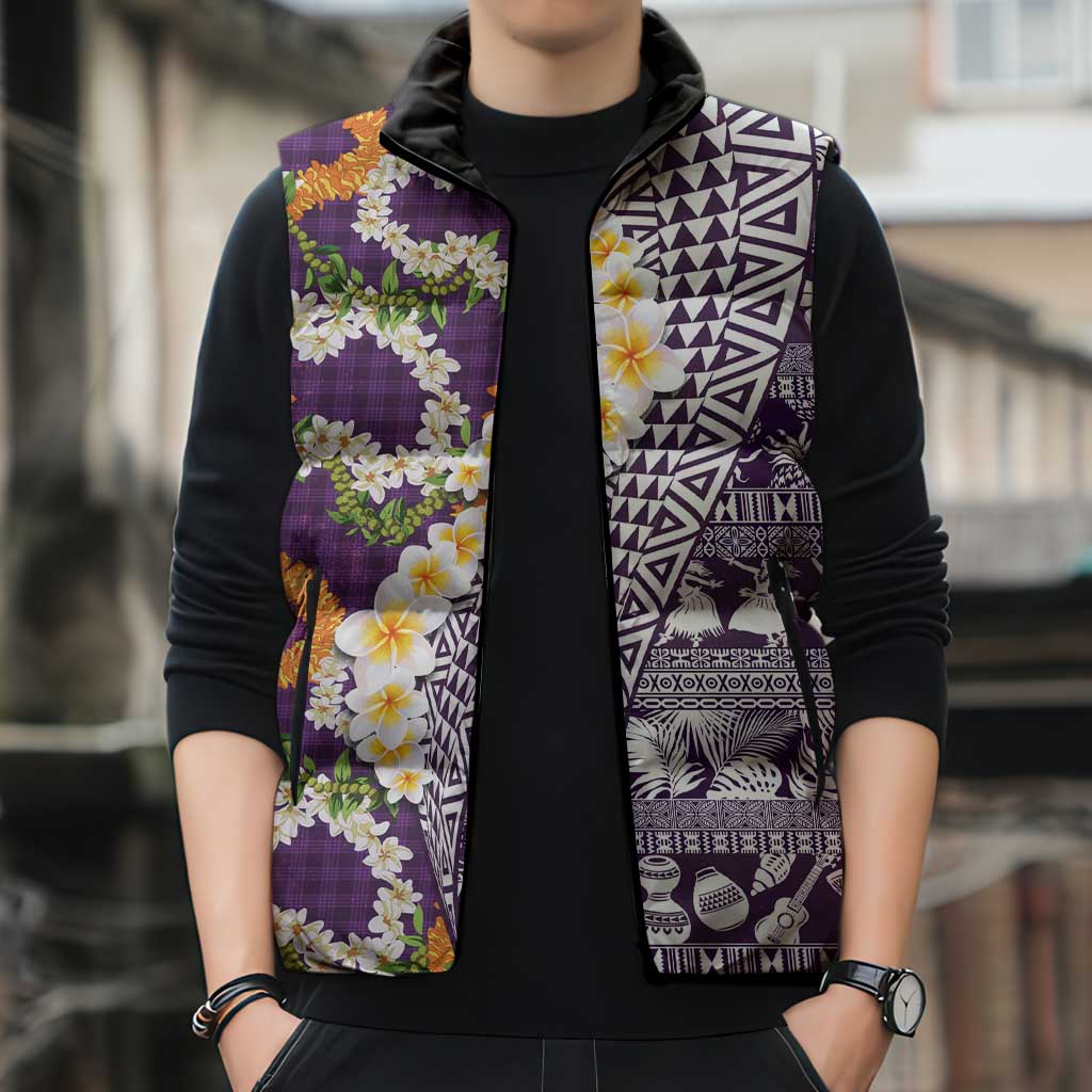 Hawaiian Plumeria Lei Sleeveless Puffer Jacket Kakau Motifs and Palaka Half Style Purple Color LT03 - Polynesian Pride
