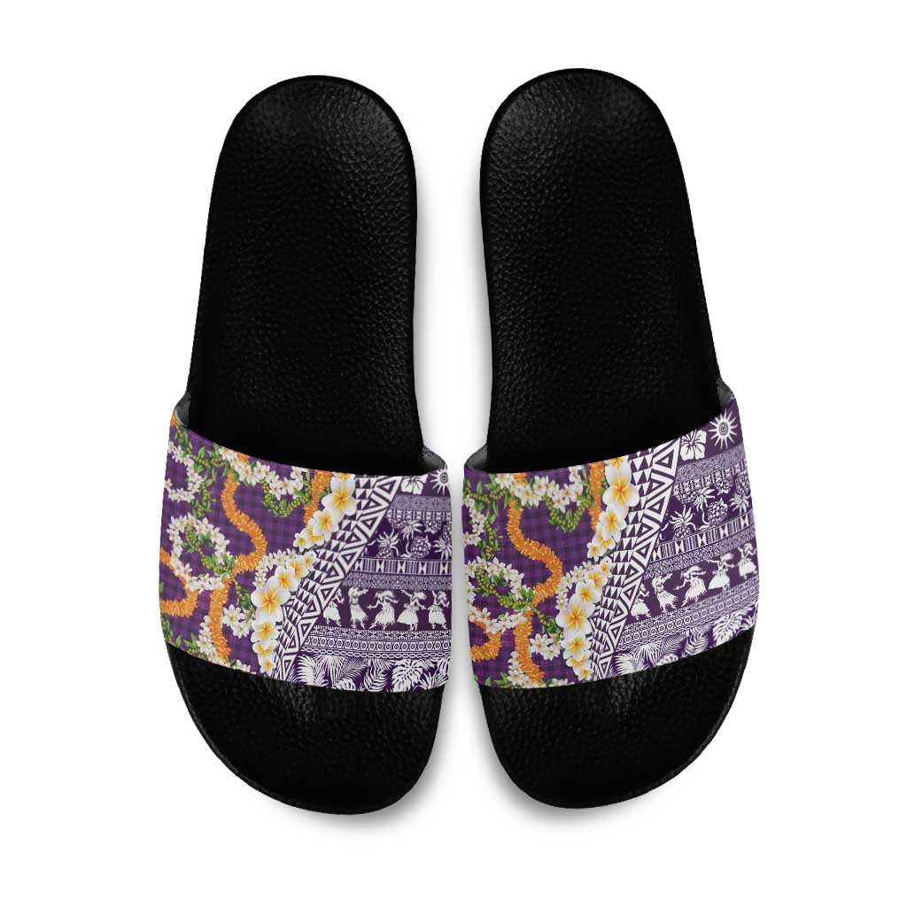 Hawaiian Plumeria Lei Slide Sandals Kakau Motifs and Palaka Half Style Purple Color LT03 Purple - Polynesian Pride