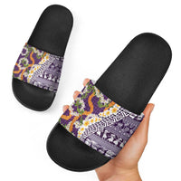Hawaiian Plumeria Lei Slide Sandals Kakau Motifs and Palaka Half Style Purple Color LT03 - Polynesian Pride