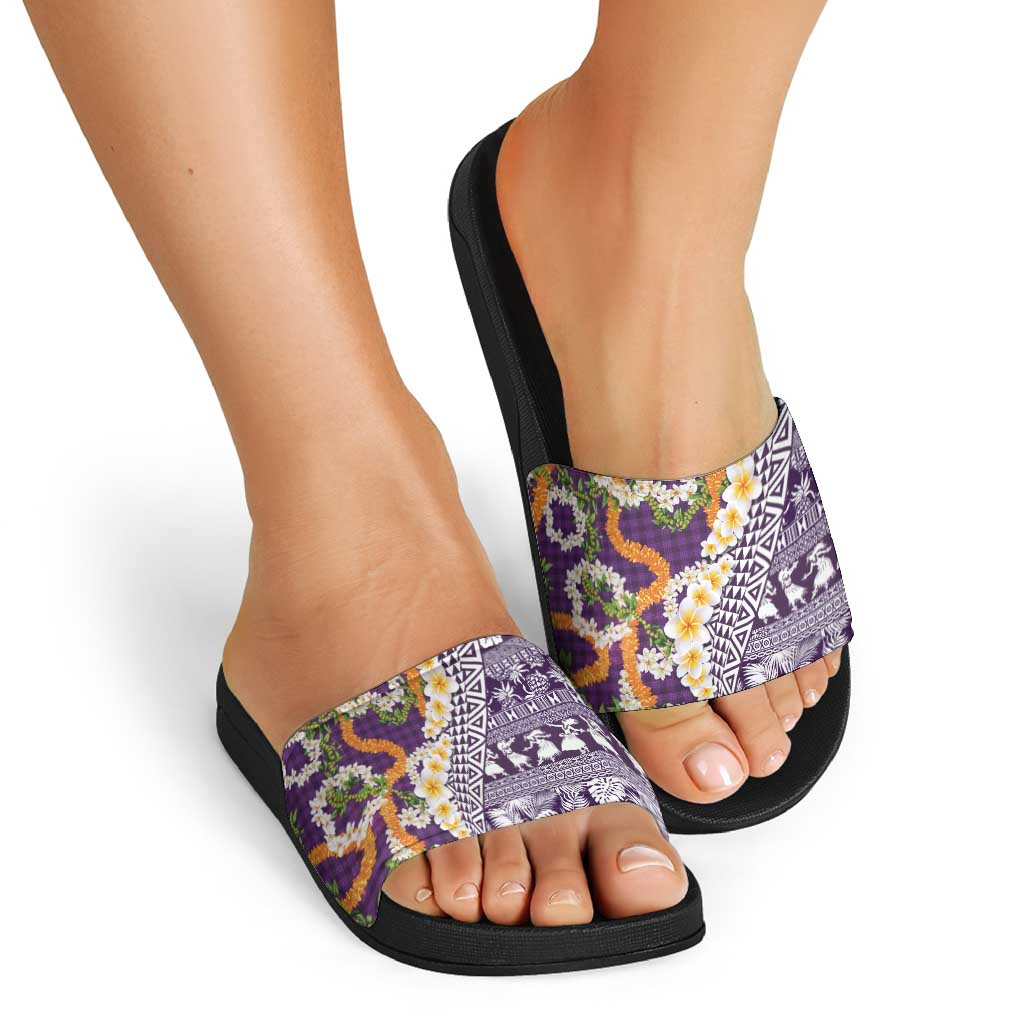 Hawaiian Plumeria Lei Slide Sandals Kakau Motifs and Palaka Half Style Purple Color LT03 - Polynesian Pride