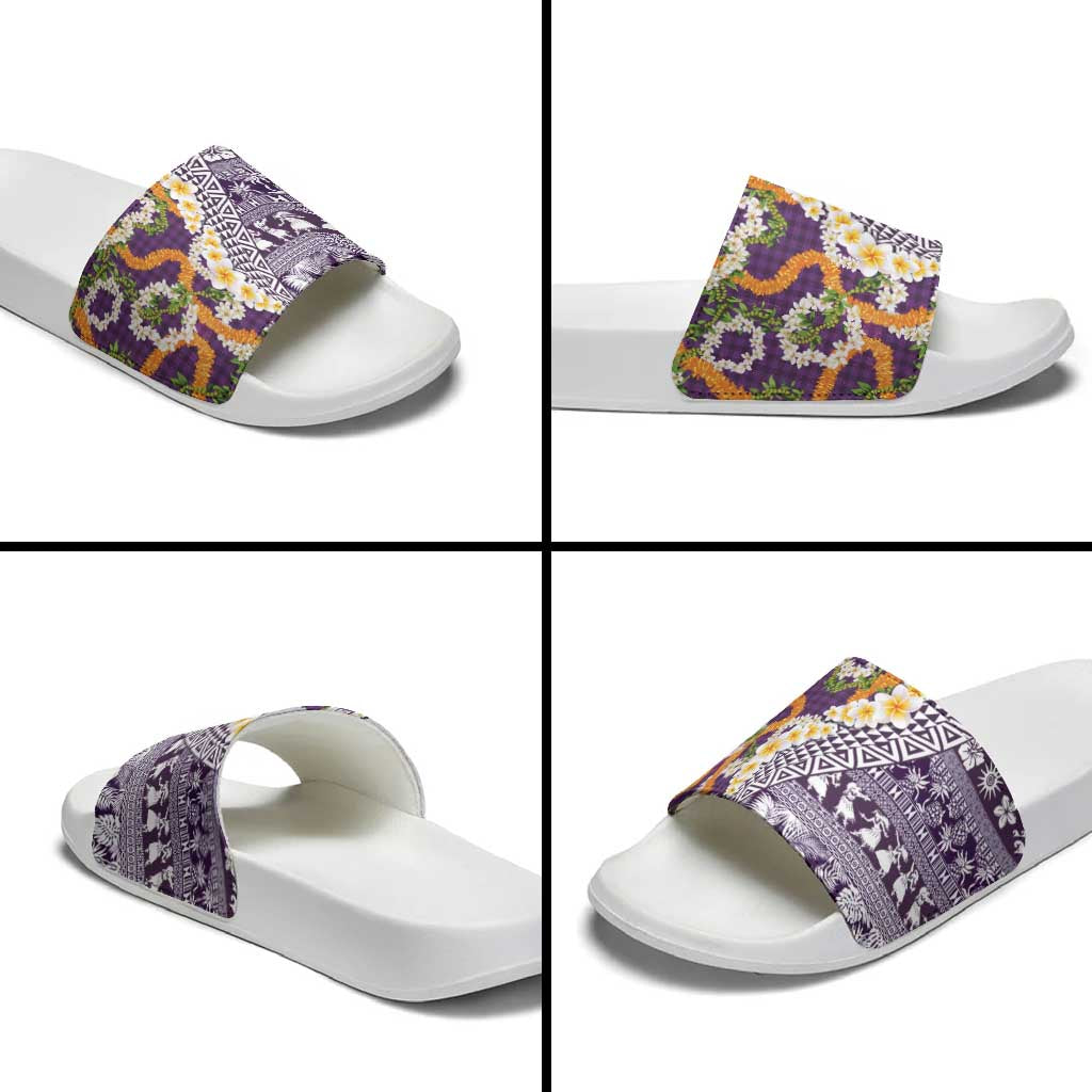 Hawaiian Plumeria Lei Slide Sandals Kakau Motifs and Palaka Half Style Purple Color LT03 - Polynesian Pride