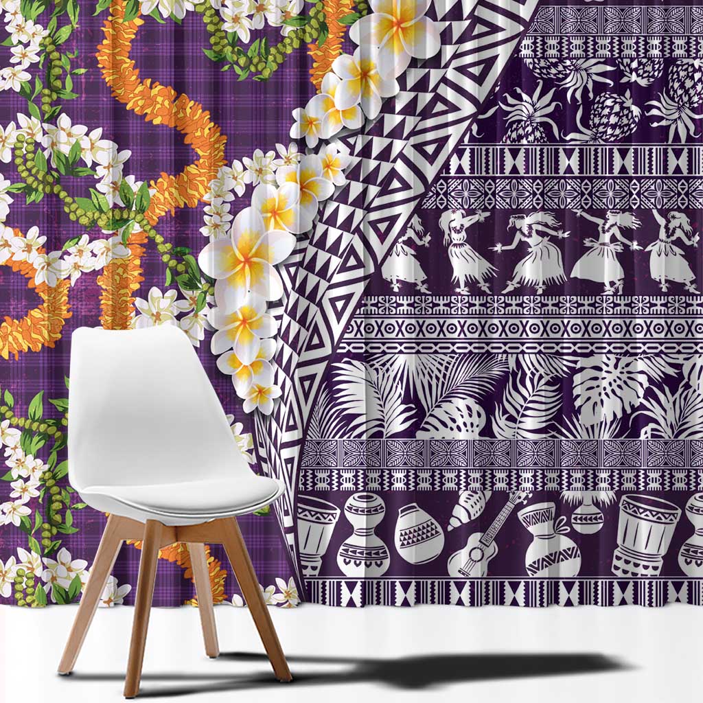 Hawaiian Plumeria Lei Window Curtain Kakau Motifs and Palaka Half Style Purple Color - Polynesian Pride