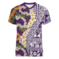 Hawaiian Plumeria Lei Women V-Neck T-Shirt Kakau Motifs and Palaka Half Style Purple Color - Polynesian Pride