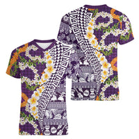 Hawaiian Plumeria Lei Women V-Neck T-Shirt Kakau Motifs and Palaka Half Style Purple Color - Polynesian Pride