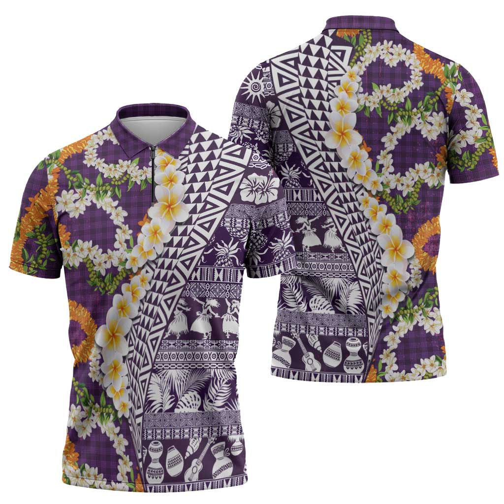 Hawaiian Plumeria Lei Zipper Polo Shirt Kakau Motifs and Palaka Half Style Purple Color - Polynesian Pride