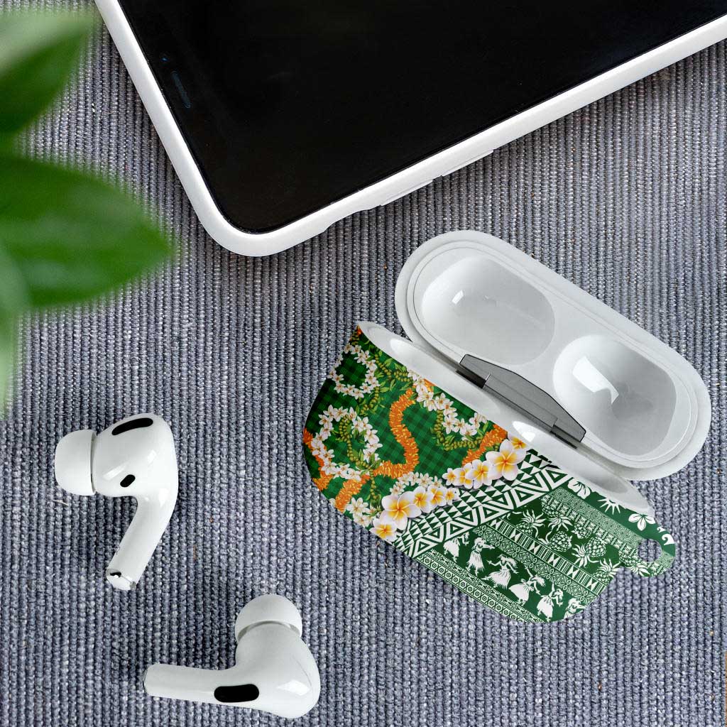 Hawaiian Plumeria Lei AirPods Case Kakau Motifs and Palaka Half Style Green Color LT03 - Polynesian Pride