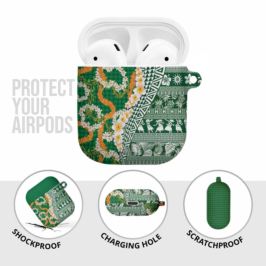 Hawaiian Plumeria Lei AirPods Case Kakau Motifs and Palaka Half Style Green Color LT03 - Polynesian Pride