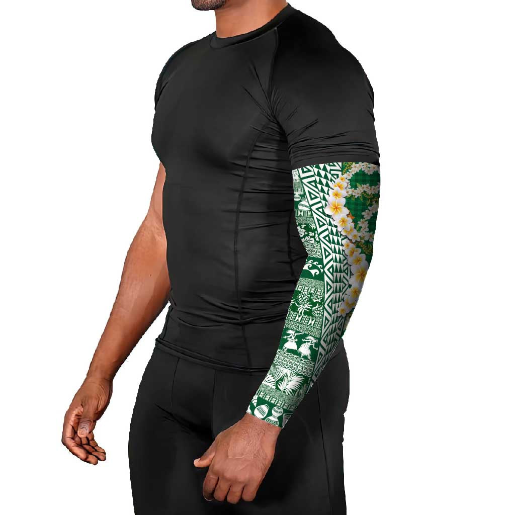 Hawaiian Plumeria Lei Arm Sleeves Kakau Motifs and Palaka Half Style Green Color - Polynesian Pride