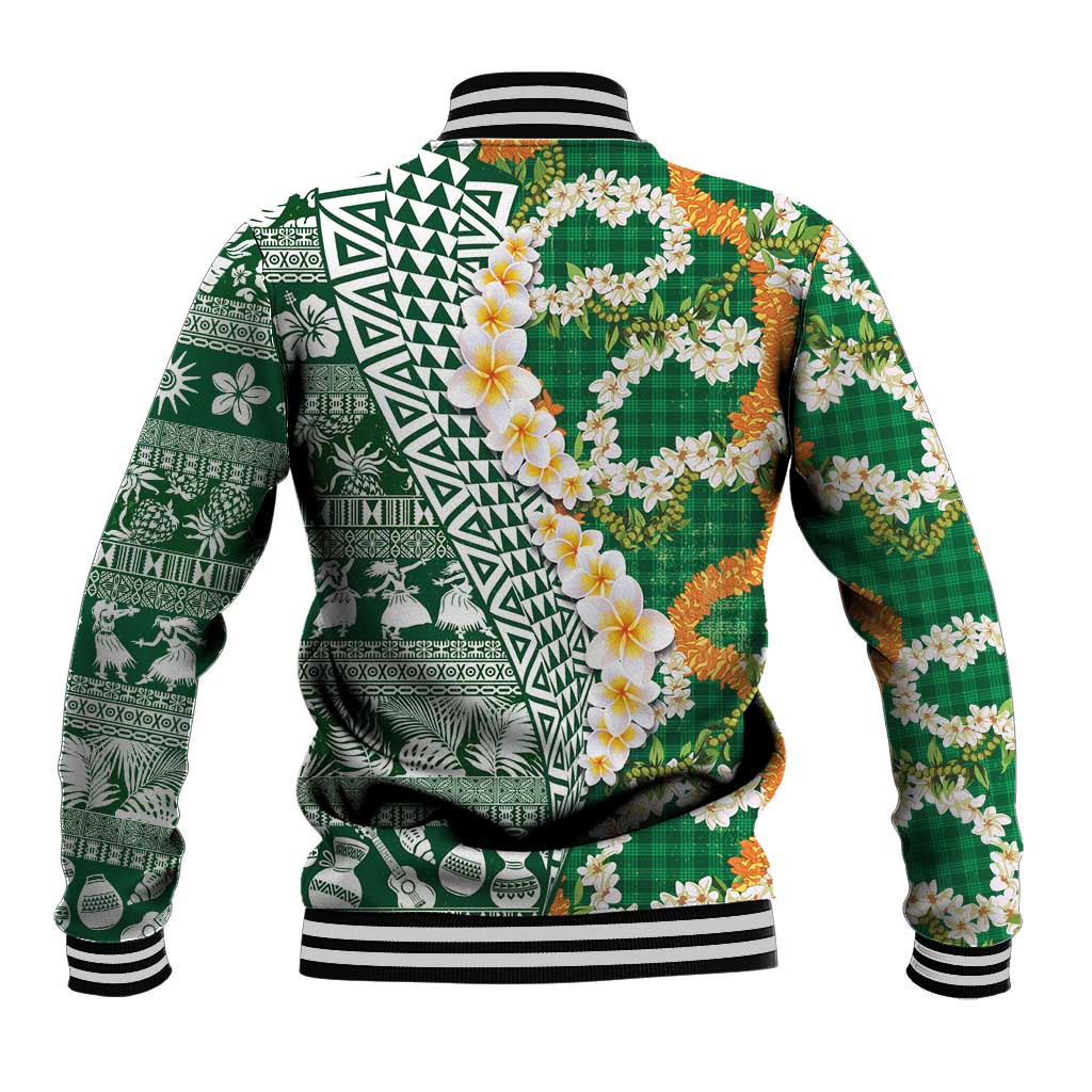 Hawaiian Plumeria Lei Baseball Jacket Kakau Motifs and Palaka Half Style Green Color LT03 - Polynesian Pride