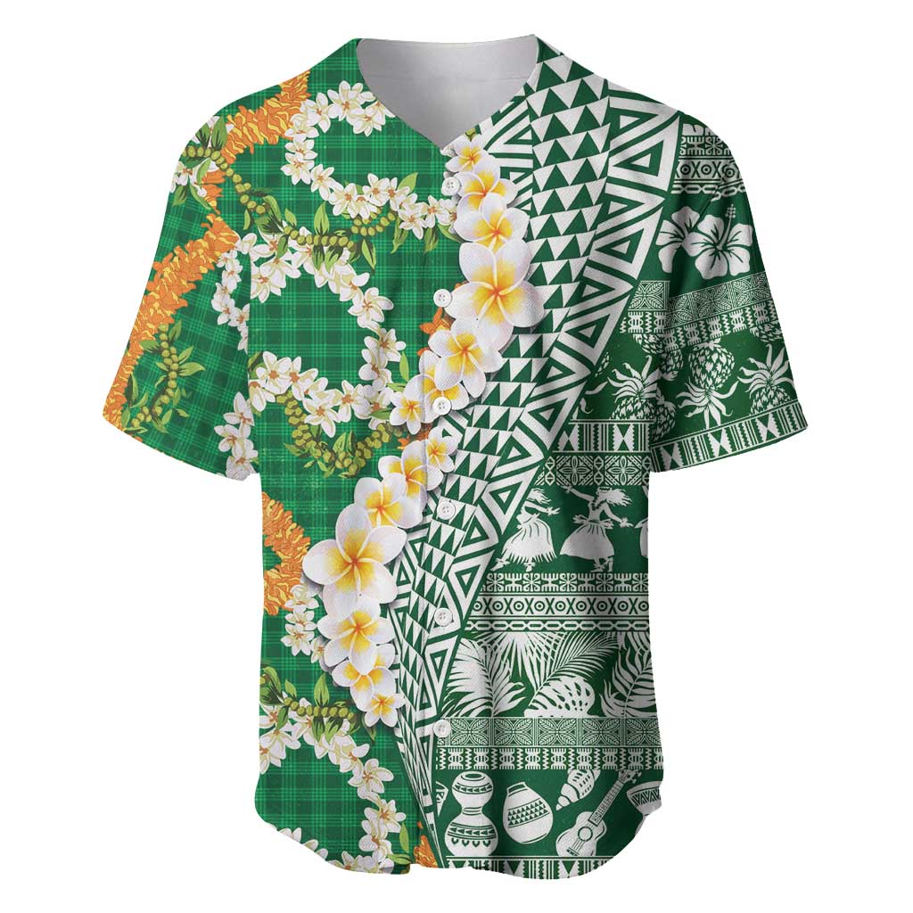 Hawaiian Plumeria Lei Baseball Jersey Kakau Motifs and Palaka Half Style Green Color - Polynesian Pride