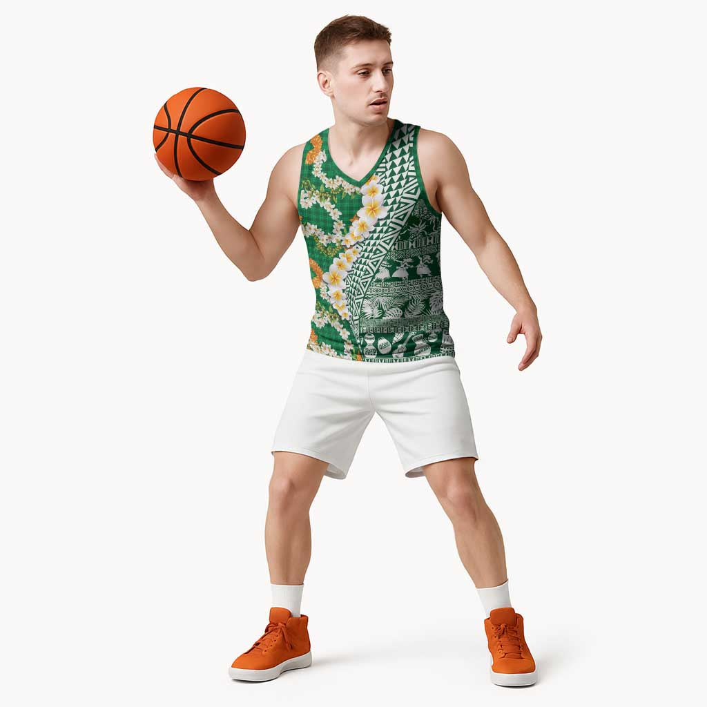 Hawaiian Plumeria Lei Basketball Jersey Kakau Motifs and Palaka Half Style Green Color - Polynesian Pride