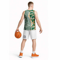 Hawaiian Plumeria Lei Basketball Jersey Kakau Motifs and Palaka Half Style Green Color - Polynesian Pride