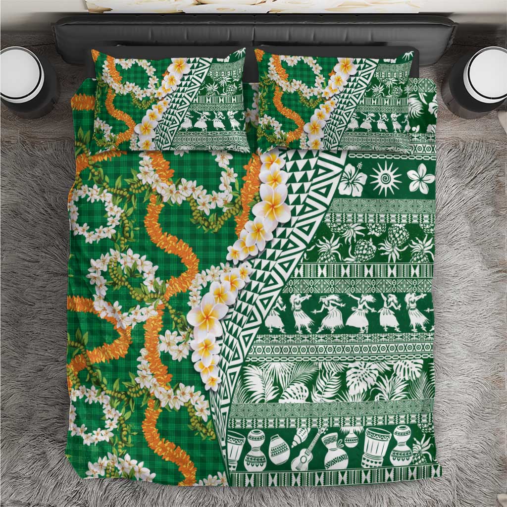 Hawaiian Plumeria Lei Bedding Set Kakau Motifs and Palaka Half Style Green Color LT03 Green - Polynesian Pride