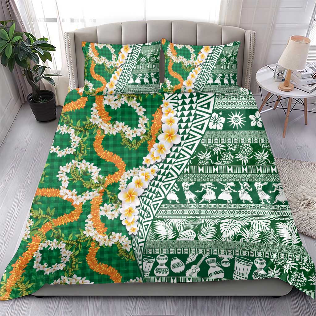 Hawaiian Plumeria Lei Bedding Set Kakau Motifs and Palaka Half Style Green Color LT03 - Polynesian Pride