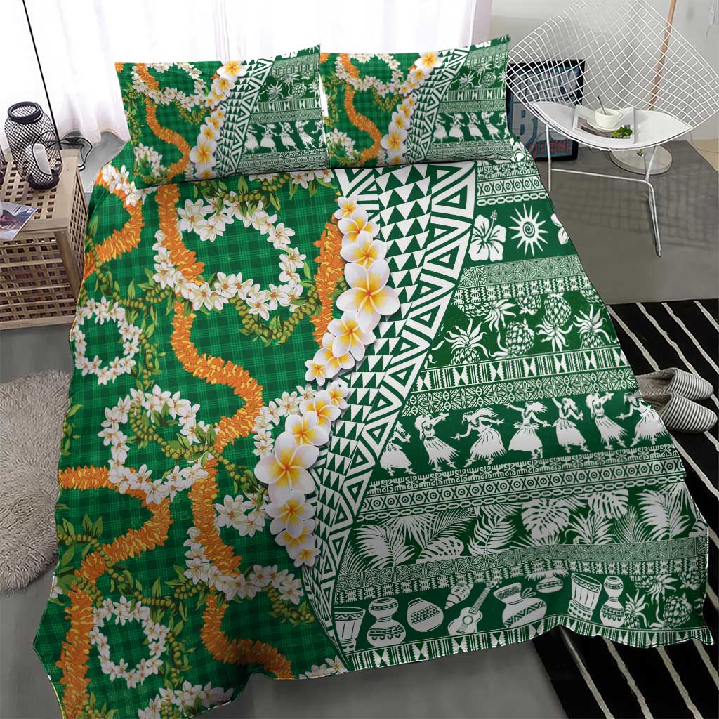 Hawaiian Plumeria Lei Bedding Set Kakau Motifs and Palaka Half Style Green Color LT03 - Polynesian Pride