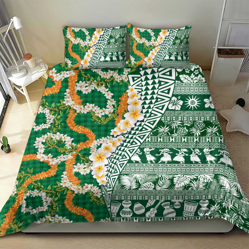 Hawaiian Plumeria Lei Bedding Set Kakau Motifs and Palaka Half Style Green Color LT03 - Polynesian Pride