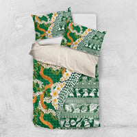 Hawaiian Plumeria Lei Bedding Set Kakau Motifs and Palaka Half Style Green Color LT03 US Twin 172cm x 218cm Green - Polynesian Pride