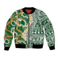 Hawaiian Plumeria Lei Bomber Jacket Kakau Motifs and Palaka Half Style Green Color LT03 Unisex Green - Polynesian Pride