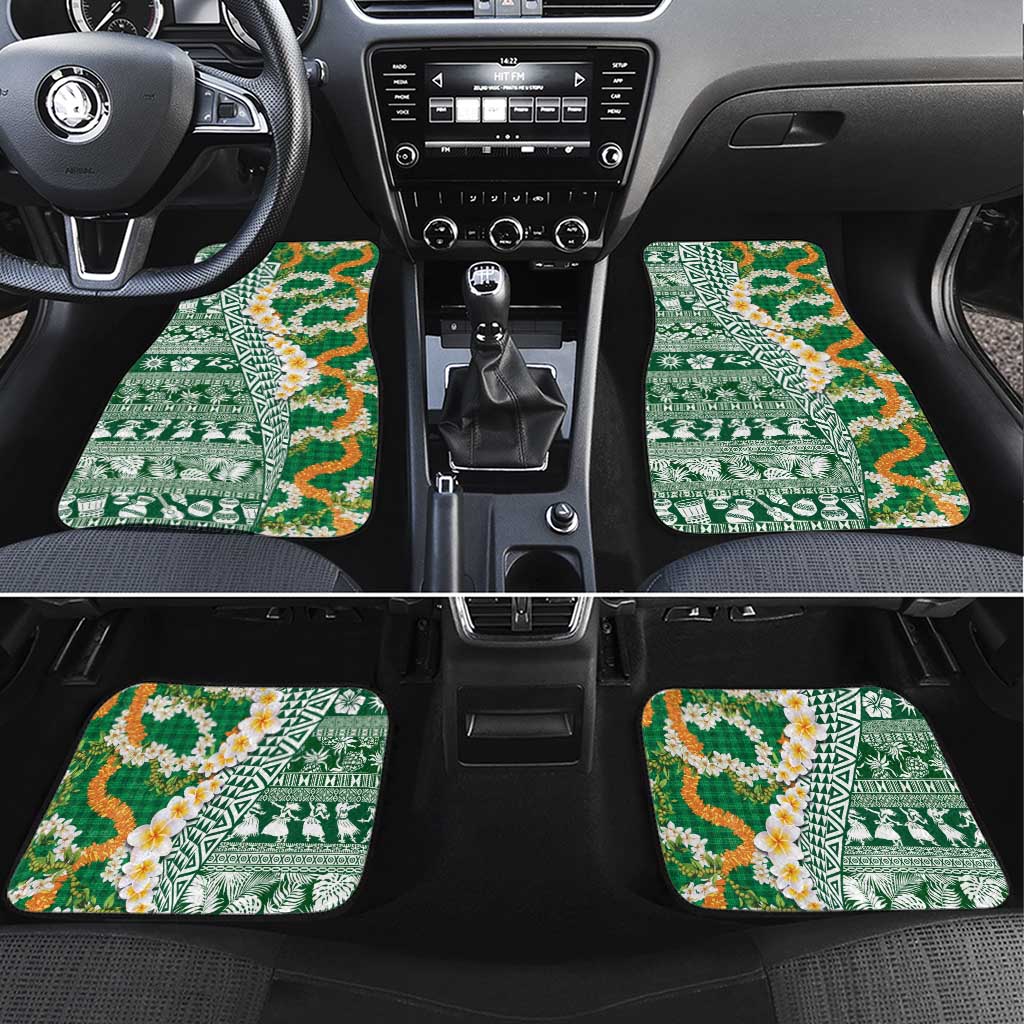 Hawaiian Plumeria Lei Car Mats Kakau Motifs and Palaka Half Style Green Color LT03 Set 4pcs Green - Polynesian Pride