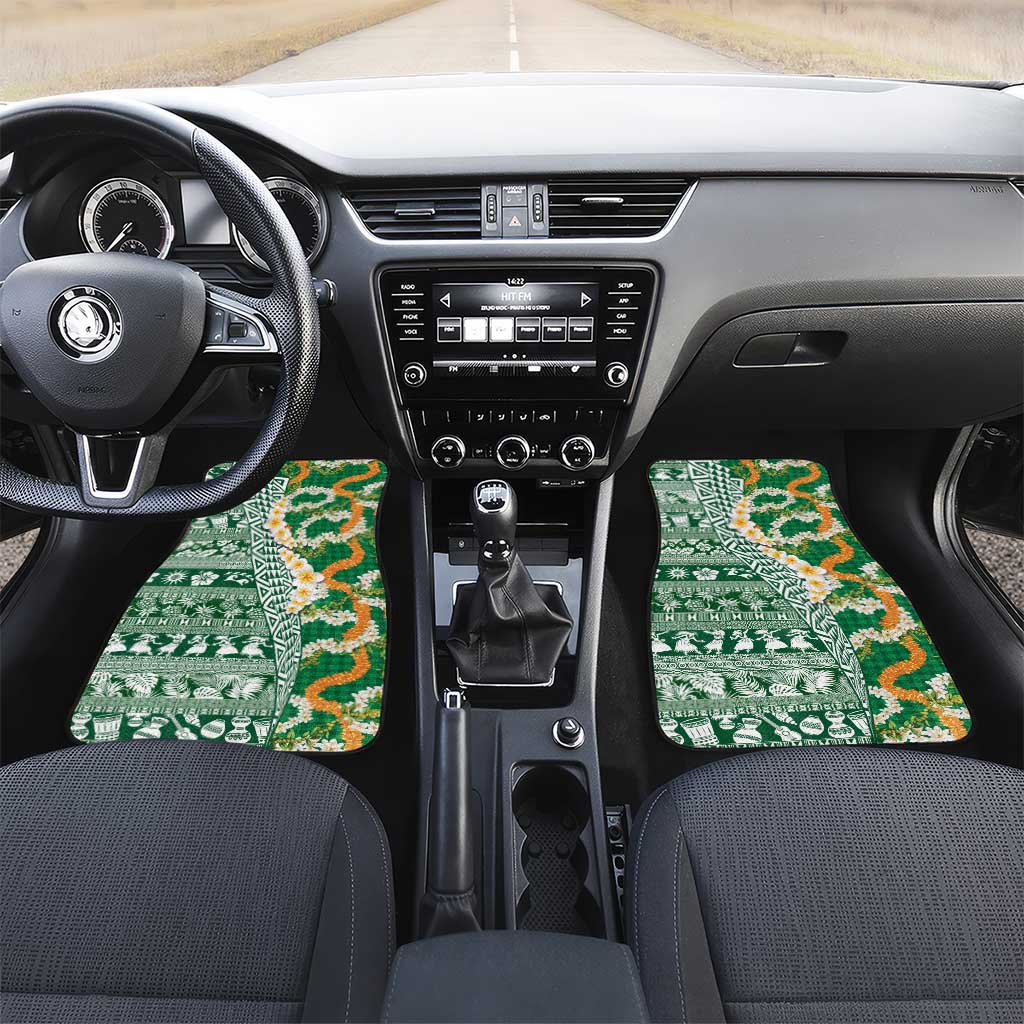 Hawaiian Plumeria Lei Car Mats Kakau Motifs and Palaka Half Style Green Color LT03 Set 2pcs - Front Green - Polynesian Pride