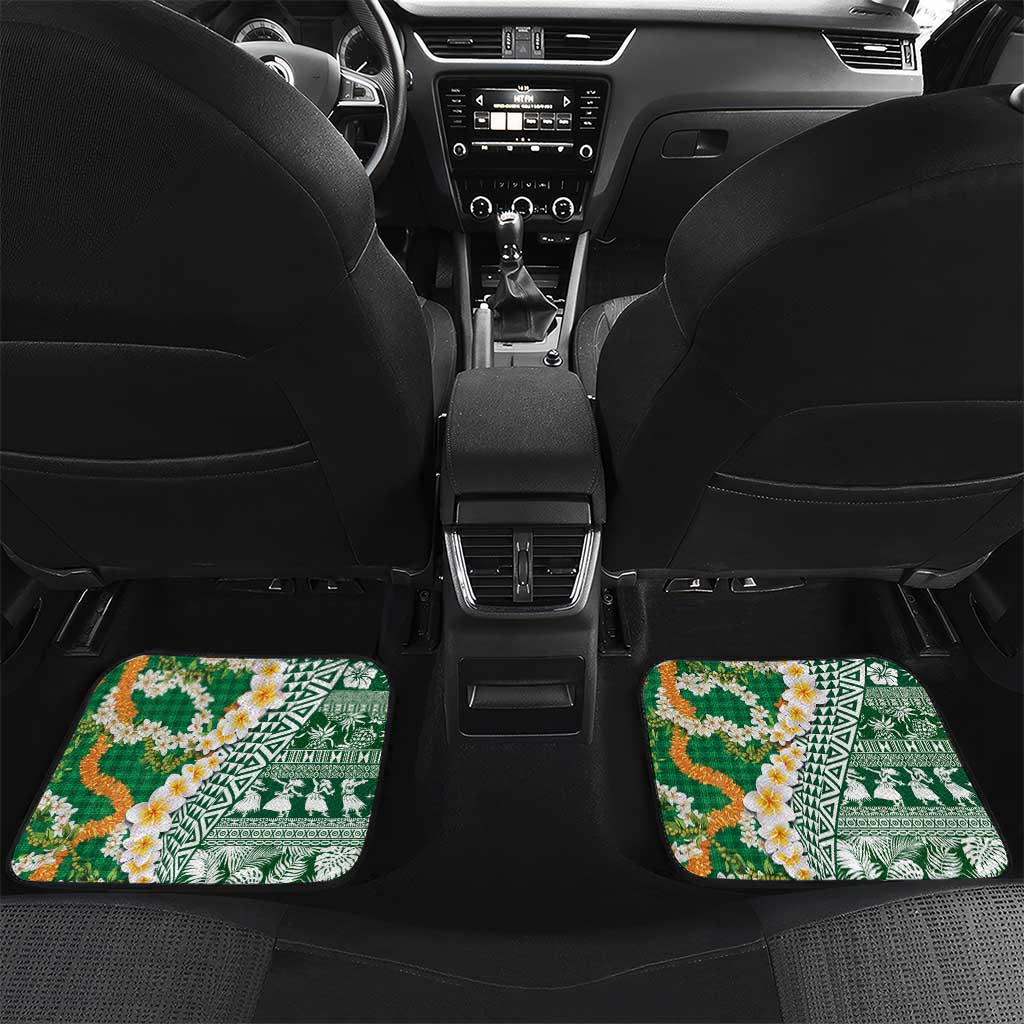Hawaiian Plumeria Lei Car Mats Kakau Motifs and Palaka Half Style Green Color LT03 Set 2pcs - Back Green - Polynesian Pride