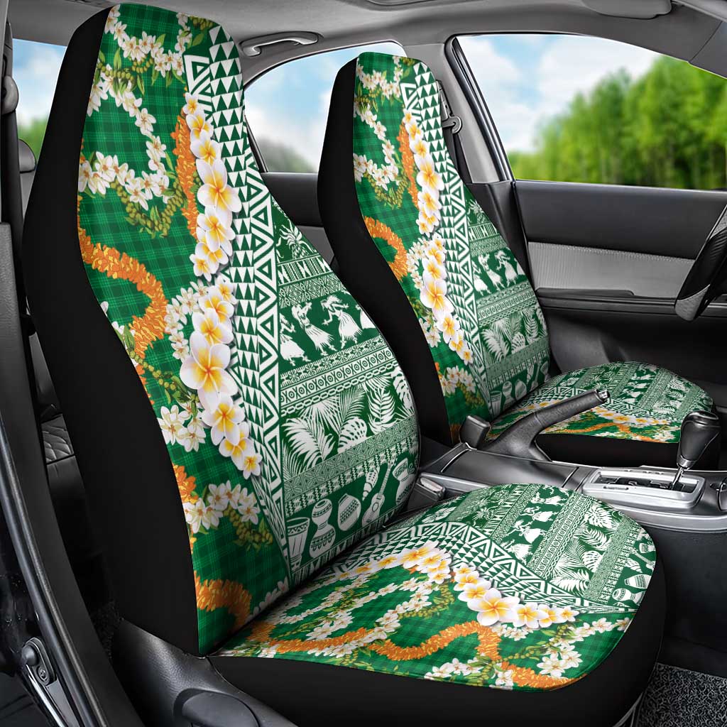Hawaiian Plumeria Lei Car Seat Cover Kakau Motifs and Palaka Half Style Green Color LT03 - Polynesian Pride