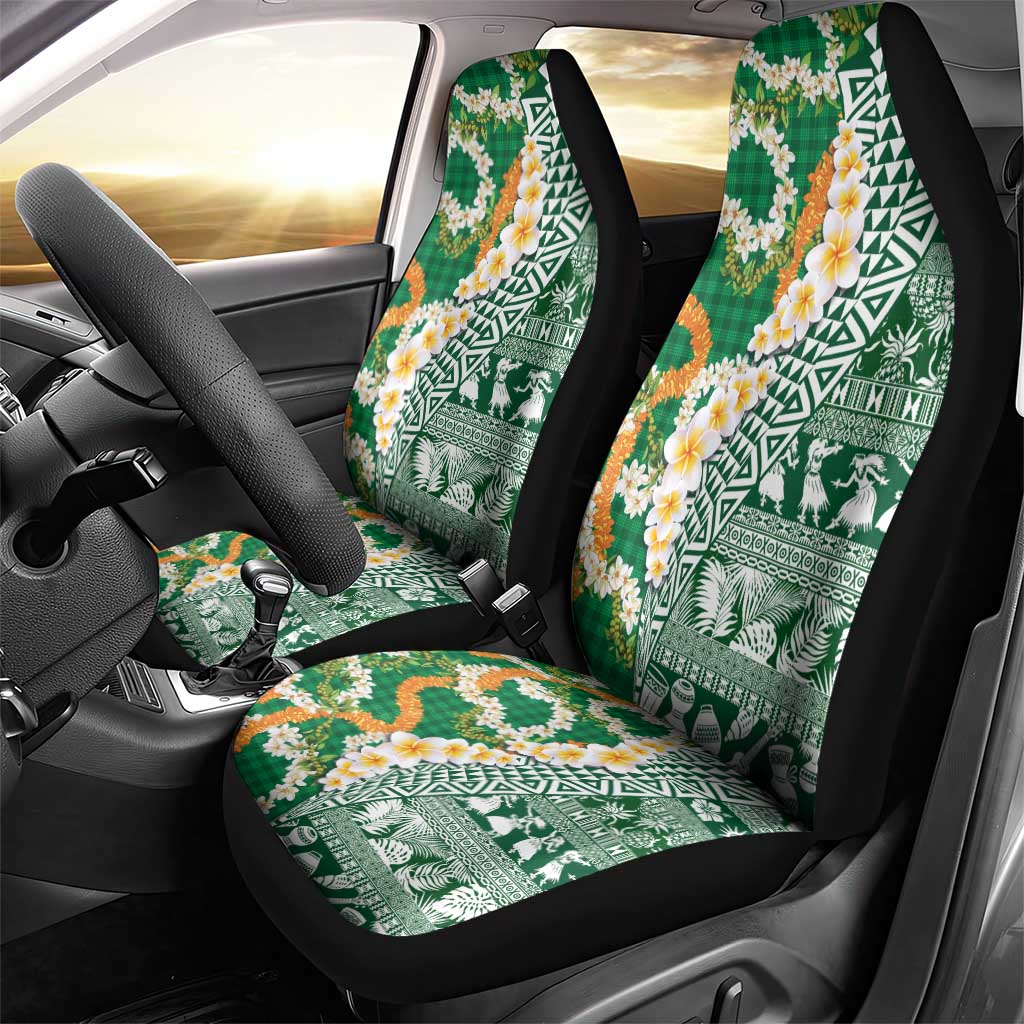 Hawaiian Plumeria Lei Car Seat Cover Kakau Motifs and Palaka Half Style Green Color LT03 - Polynesian Pride