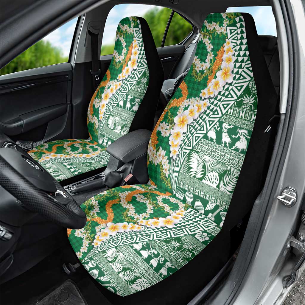 Hawaiian Plumeria Lei Car Seat Cover Kakau Motifs and Palaka Half Style Green Color LT03 - Polynesian Pride