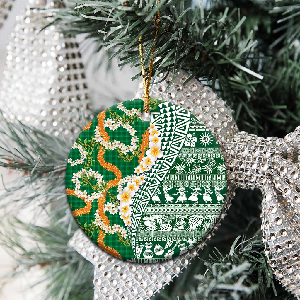 Hawaiian Plumeria Lei Ceramic Ornament Kakau Motifs and Palaka Half Style Green Color - Polynesian Pride