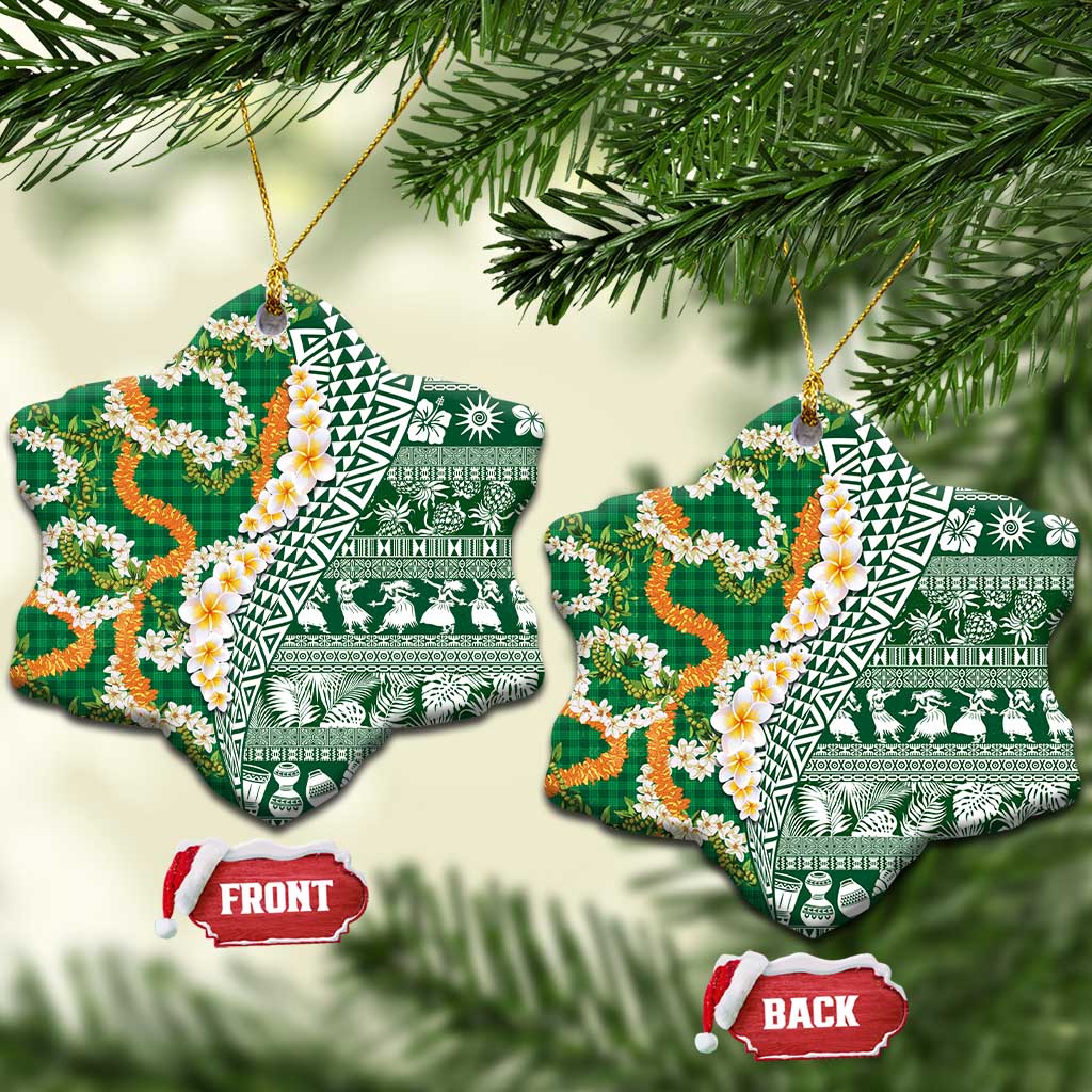 Hawaiian Plumeria Lei Ceramic Ornament Kakau Motifs and Palaka Half Style Green Color - Polynesian Pride
