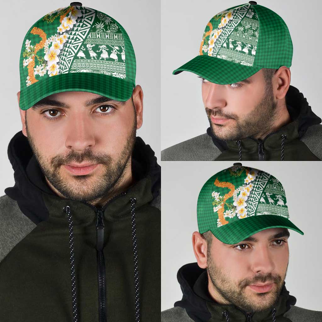 Hawaiian Plumeria Lei Classic Cap Kakau Motifs and Palaka Half Style Green Color - Polynesian Pride