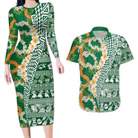 Hawaiian Plumeria Lei Couples Matching Long Sleeve Bodycon Dress and Hawaiian Shirt Kakau Motifs and Palaka Half Style Green Color - Polynesian Pride