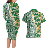 Hawaiian Plumeria Lei Couples Matching Long Sleeve Bodycon Dress and Hawaiian Shirt Kakau Motifs and Palaka Half Style Green Color - Polynesian Pride