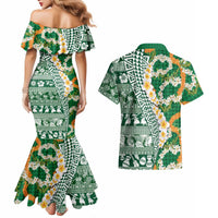 Hawaiian Plumeria Lei Couples Matching Mermaid Dress and Hawaiian Shirt Kakau Motifs and Palaka Half Style Green Color LT03 - Polynesian Pride