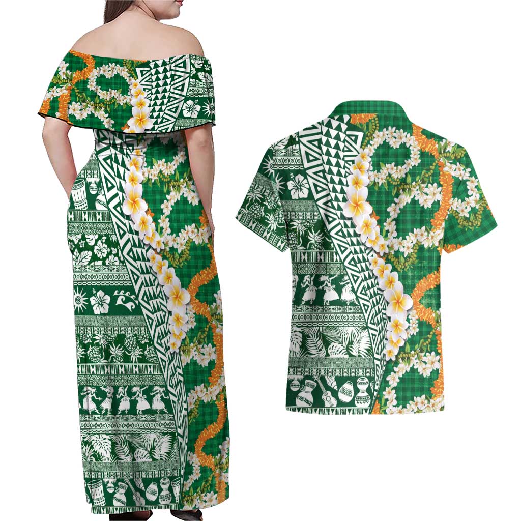 Hawaiian Plumeria Lei Couples Matching Off Shoulder Maxi Dress and Hawaiian Shirt Kakau Motifs and Palaka Half Style Green Color - Polynesian Pride