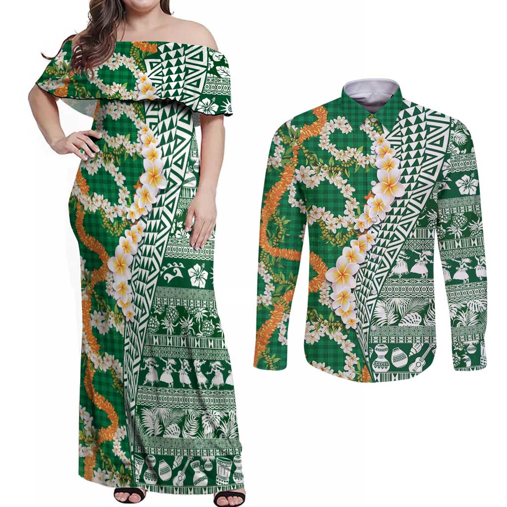 Hawaiian Plumeria Lei Couples Matching Off Shoulder Maxi Dress and Long Sleeve Button Shirt Kakau Motifs and Palaka Half Style Green Color - Polynesian Pride