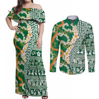 Hawaiian Plumeria Lei Couples Matching Off Shoulder Maxi Dress and Long Sleeve Button Shirt Kakau Motifs and Palaka Half Style Green Color - Polynesian Pride
